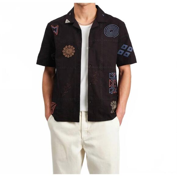 NEW WAX LONDON didcot short sleeve shirt in navy doodle embroidery